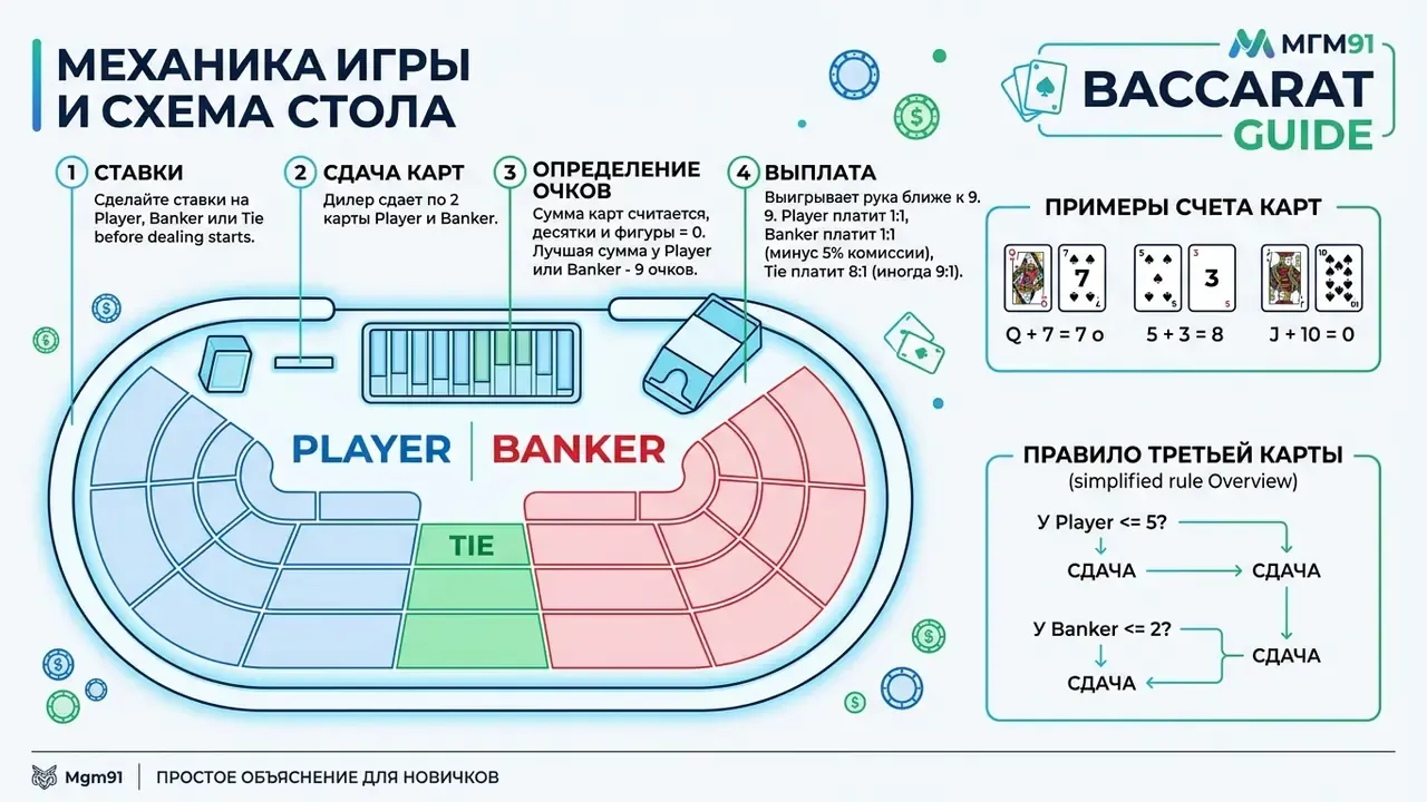 baccarat game table markup showing Player, Banker, and Tie betting zones with step-by-step hand flow